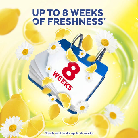 Automatic Toilet Bowl Cleaner Pods Twin Pack That Freshen With Every Flush, Antimicrobial Hook Protection, Up To 8 Weeks Of Lemon Breeze Scent With Essential Oils, Keeping Your Toilet Clean Between Deep Cleans with calendar and lemon graphics