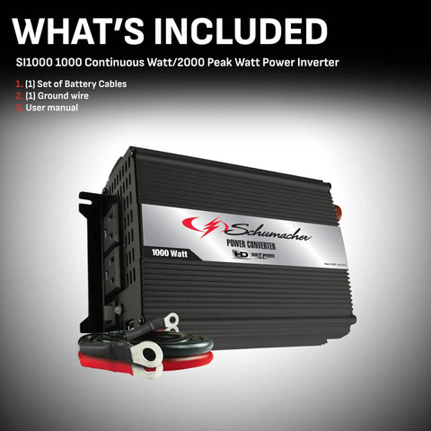 Score This Badass 1000 Watt DC To AC Power Inverter showing battery cables, ground wire, and 1000W power inverter for emergencies.