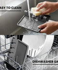 Gray High Heat Silicone Spoon Rest Drip Pad being washed in sink and placed in dishwasher; BPA free, heat resistant, four-slot design.