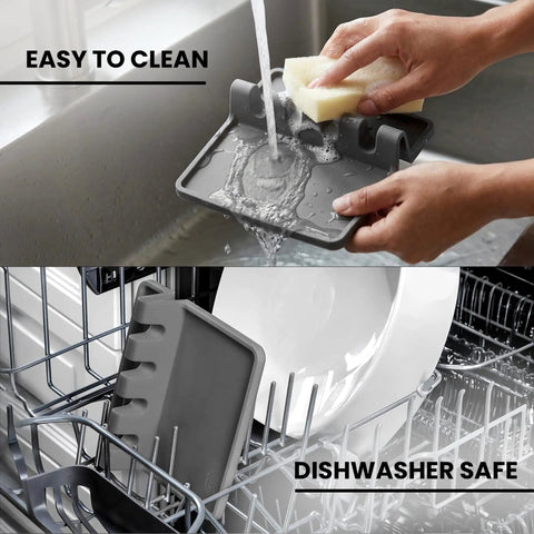 Gray High Heat Silicone Spoon Rest Drip Pad being washed in sink and placed in dishwasher; BPA free, heat resistant, four-slot design.