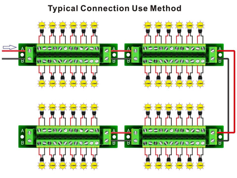 Typical connection diagram for 16 Amp 2x12 Position Screw Terminal Block Distribution Module For AC And DC Power Systems 48V Max Supports Extension Modules 7.5mm Pitch 26AWG To 12AWG Wire High Capacity Electrical Distribution Block.