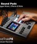 PodTrak P8 Podcast Recorder With Six XLR Inputs showing sound pads and touchscreen interface in use