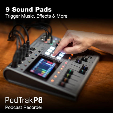 PodTrak P8 Podcast Recorder With Six XLR Inputs showing sound pads and touchscreen interface in use