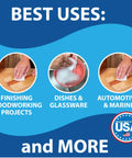 Image showcasing uses of Top Notch 10 Pack Of 6 X 9 White Non Scratch Non Woven Buffing Pads For Wood Finishes and Wax Application.