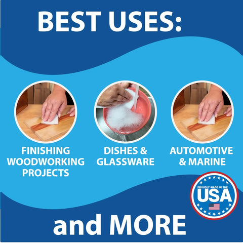 Image showcasing uses of Top Notch 10 Pack Of 6 X 9 White Non Scratch Non Woven Buffing Pads For Wood Finishes and Wax Application.