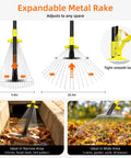 Go To Adjustable Metal Leaf Rake With Wide And Narrow Modes showing expandable rustproof steel head for lawn care.
