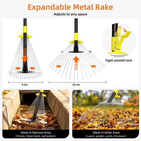 Go To Adjustable Metal Leaf Rake With Wide And Narrow Modes showing expandable rustproof steel head for lawn care.