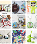 DIY Button Badge Maker Kit 3 In 1 Press With 1 Inch, 1.25 Inch, And 2.25 Inch Molds, featuring buttons, openers, and keychains.