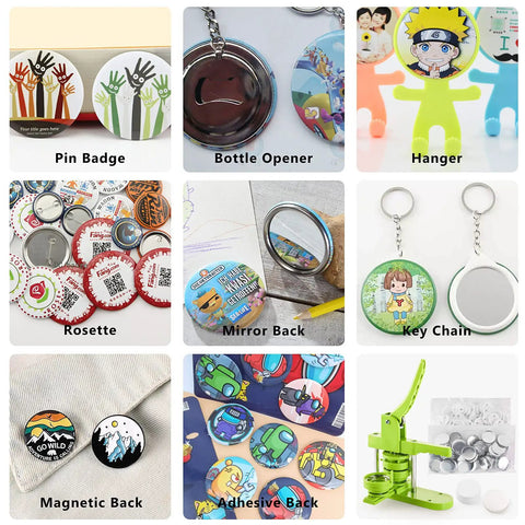 DIY Button Badge Maker Kit 3 In 1 Press With 1 Inch, 1.25 Inch, And 2.25 Inch Molds, featuring buttons, openers, and keychains.