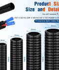 Go-To Split Wire Loom Tube Kit 1/4, 3/8, 1/2, 3/4 Inch By 10 Feet Black Flexible Conduit sizes and details displayed