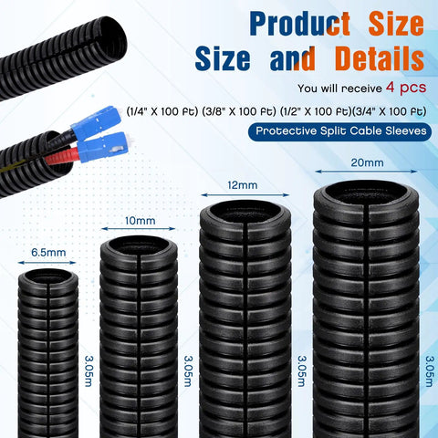 Go-To Split Wire Loom Tube Kit 1/4, 3/8, 1/2, 3/4 Inch By 10 Feet Black Flexible Conduit sizes and details displayed