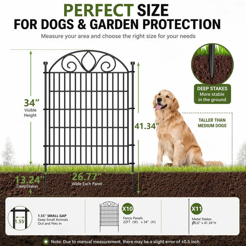 Tall 34-inch No-Dig 10-Panel Garden Fence, perfect for pets and gardens.