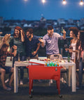 80 Quart Rolling Cooler Ice Chest With Wheels And Bottle Opener, Party Ready Portable Bar Cart for outdoor parties in use at night