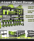 Power Tool Organizer Wall Mount Heavy Duty Metal 4 Layer 8 Slots Drill Holder Cordless Tool Rack With Side Pegboards For Wrenches Tape Measure Screwdrivers Hammer Plier Storage