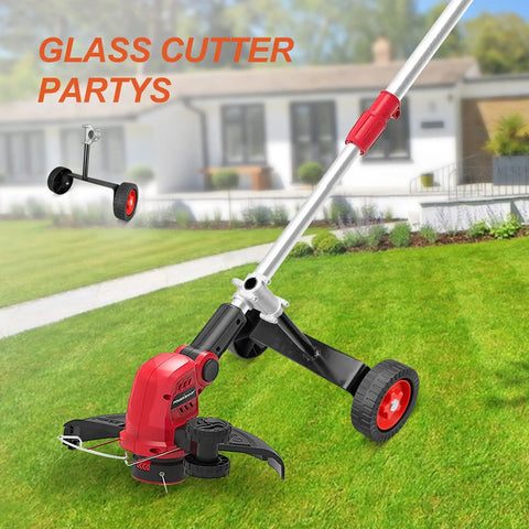 Adjustable Support Wheels For Weed Trimmer 26Mm And 28Mm ergonomic handle on a grass cutter in a yard setting.