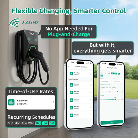 Level 2 EV Charger With Energy Meter 11.5kW 48A J1772 Wall Mount Charger shown with dual temp sensors and smart app interface