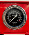 Heavy Duty High Capacity Dual Speed Hydraulic Shop Press pressure gauge showing metric and US tons for precise force measurement.