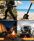 Collage of different uses for Folding Shovel With Compass Three In One Survival Shovel, including hiking, beach, camping, and emergencies.