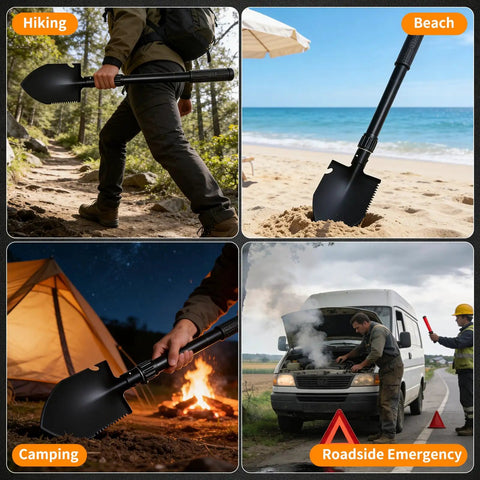Collage of different uses for Folding Shovel With Compass Three In One Survival Shovel, including hiking, beach, camping, and emergencies.