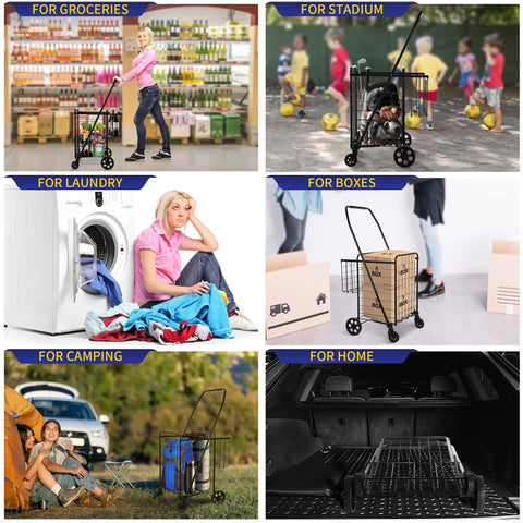 Collage showing Folding Shopping Cart With 200 Lb Capacity used for groceries, stadium, laundry, boxes, camping, and home.