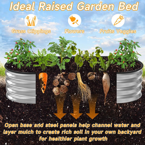 Diagram of heavy duty galvanized raised garden bed for outdoors, oval 8 by 4 by 1 foot, showing plant growth stages.