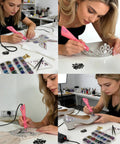 Person using Rhinestone Applicator Kit With Rhinestones Pro Iron On Setter Tool 7 In 1 Hot Fix Wand For Crystal Gems Crafting Fashion Accessories Purple For DIY Projects on fabric and accessories.