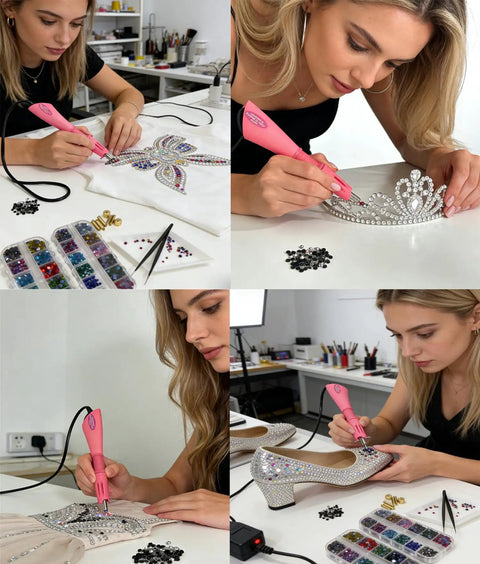 Person using Rhinestone Applicator Kit With Rhinestones Pro Iron On Setter Tool 7 In 1 Hot Fix Wand For Crystal Gems Crafting Fashion Accessories Purple For DIY Projects on fabric and accessories.