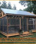 Outdoor view of wooden sunroom with Heavy Duty Magnetic Garage Screen Door 16x7 Ft Fits 2 Car Garages, Fiberglass 2300g.