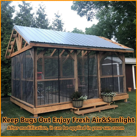 Outdoor view of wooden sunroom with Heavy Duty Magnetic Garage Screen Door 16x7 Ft Fits 2 Car Garages, Fiberglass 2300g.