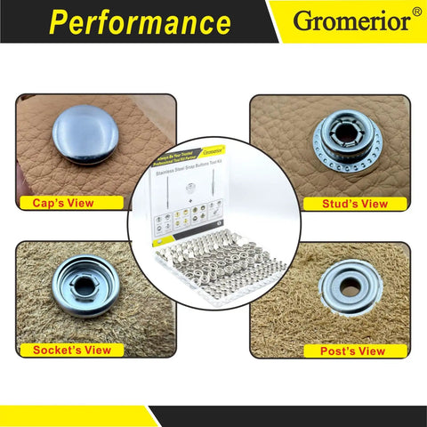 Built Tough 15mm Snap Button Kit With 60 Sets And 240 Pieces Marine Grade 304 Stainless Steel Snaps Rustproof And Waterproof For Canvas Fabric Leather And Furniture Repairs DIY Includes 3 Setting Tools packaging and components view