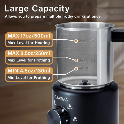4 In 1 Milk Frother And Steamer 500ml Stainless Steel Electric Foam Maker With Hot Thick Foam Hot Thin Foam Hot Milk Or Cold Foam Barista Grade At Home For Lattes And Cappuccinos Easy Dial Controls And LED Indicators, 500ml jug with max fill marks