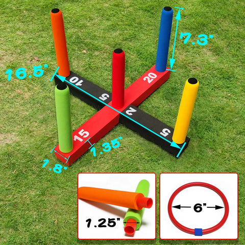 Indoor And Outdoor Ring Toss Game For Kids And Grownups With 5 Poles 2 Bases 16 Soft Foam Rings In 4 Colors Score Markers Easy Setup