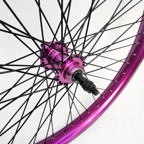 Close-up of Purple 26 Inch Heavy Duty Bike Rim Wheel Set With Double Wall Aluminum Alloy 12 Gauge 48 Spokes, disc brake hub visible