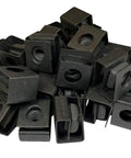 Top Shelf 12-24 Slide On Cage Nuts For Server Racks 25 Pack Bulk Hardened Steel Black Oxide clips stacked together.