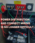 Heavy Duty 300 Amp Bus Bar Box With Nickel Plated Brass Conductors And Four M8 Terminals For No Fuss Battery Power Distribution Wiring Setup In DC 12 24 48V Systems, installed with visible wiring and battery setup.