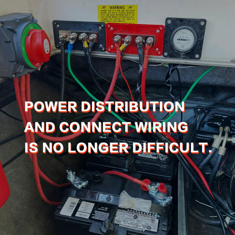 Heavy Duty 300 Amp Bus Bar Box With Nickel Plated Brass Conductors And Four M8 Terminals For No Fuss Battery Power Distribution Wiring Setup In DC 12 24 48V Systems, installed with visible wiring and battery setup.