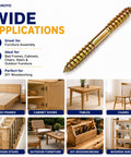 100 Piece Hanger Bolt Set with Double Ended Screws for Woodworking and Furniture Assembly, shown with various applications.