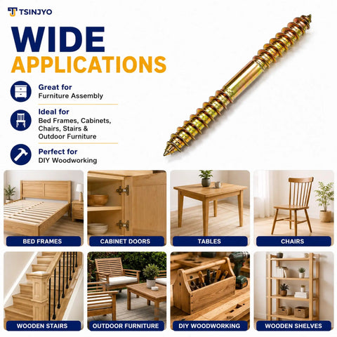 100 Piece Hanger Bolt Set with Double Ended Screws for Woodworking and Furniture Assembly, shown with various applications.