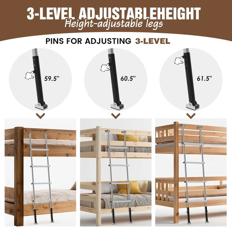 Lightweight Aluminum RV Bunk Ladder With 4 Steps, 3 Fixed Height Settings (59.5, 60.5, 61.5 Inches), Anti-Slip Rungs For Safety, Easy Pre-Assembled Install, Perfect For Bunk Beds, Campers, Dorms, And Kids Rooms shown on bunk beds