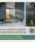 Old School Vintage S Style Cast Iron Window Shutter Dogs holding green shutters open against wind, 6.5 inch, pack of two pairs