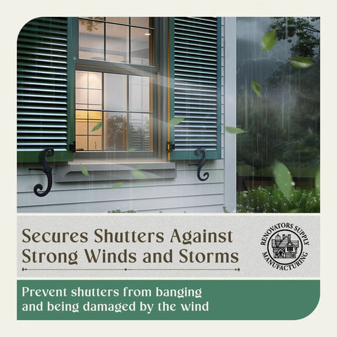 Old School Vintage S Style Cast Iron Window Shutter Dogs holding green shutters open against wind, 6.5 inch, pack of two pairs