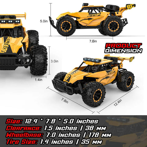 Monster 1 To 12 Scale RC Truck With LED Headlights Rechargeable Battery 33kmh Top Speed Off Road Beast dimensions illustration
