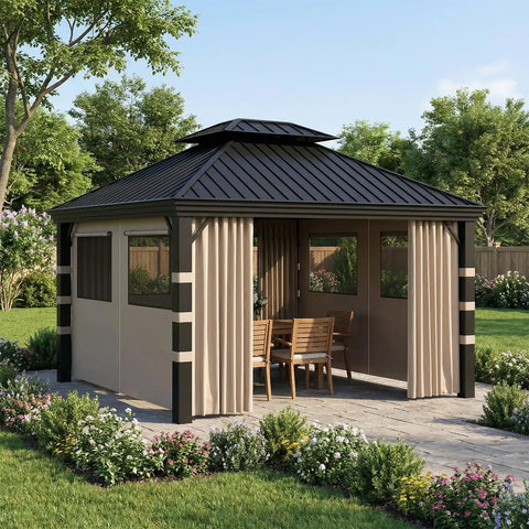 Gazebo Privacy Curtains 10x12 Four Panel Sidewall Set For Patio Pergolas Waterproof Privacy Enclosure installed on backyard gazebo