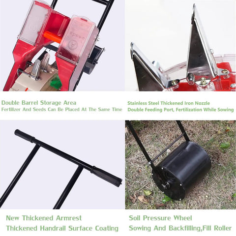 Hand Push Roller Seeder Spreader For Lawn And Garden With 14 Hole Row Seed Planter Dual Seed And Fertilizer Buckets