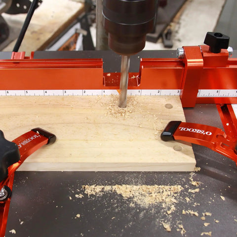 Drill Press Table With Adjustable Aluminum Fence, Flip Stop, And Replaceable Insert For 12 Inch And Larger Drills in use on wood