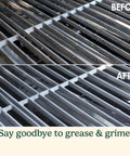 Before and after cleaning BBQ grill with 16.5-Inch Long Handle Stainless Steel Grill Cleaner Brush And Scraper, dishwasher safe.