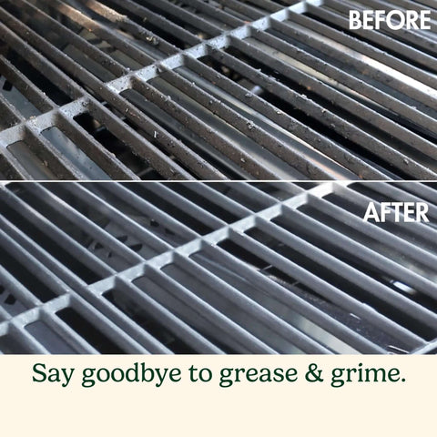 Before and after cleaning BBQ grill with 16.5-Inch Long Handle Stainless Steel Grill Cleaner Brush And Scraper, dishwasher safe.