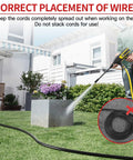 Person using a heavy duty 100 ft outdoor extension cord waterproof weatherproof flame retardant 3 prong power cable for lawn and garden, displayed in a garden setup with a water pressure tool and a marked area for correct cord placement.