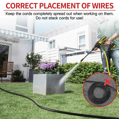 Person using a heavy duty 100 ft outdoor extension cord waterproof weatherproof flame retardant 3 prong power cable for lawn and garden, displayed in a garden setup with a water pressure tool and a marked area for correct cord placement.