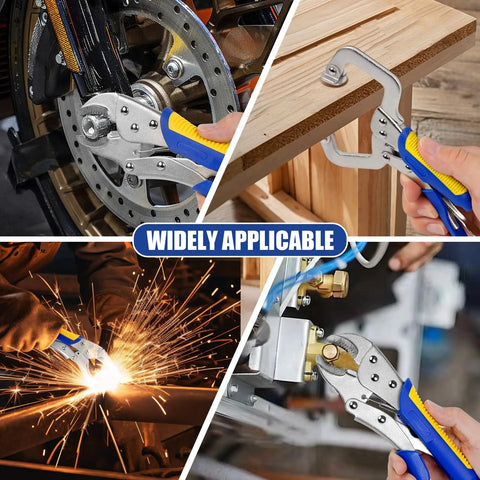 Heavy-Duty Locking Pliers Set With Curved Jaw Vise Grips And Needle Nose Pliers used in various applications such as welding and woodworking.
